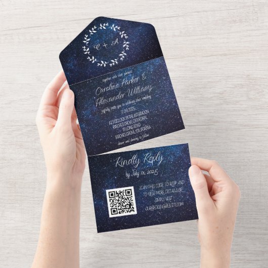 Elegant Navy Blue Galaxy Modern RSVP QR Code All In One Uitnodiging (Afscheurbaar)