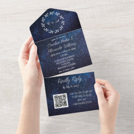 Elegant Navy Blue Galaxy Modern RSVP QR Code All In One Uitnodiging