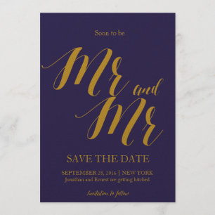 Elegant Navy Blue Gay Wedding Save the date Kaart