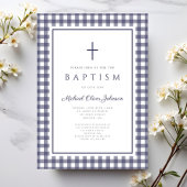 Elegant Navy Blue Gingham Boy Baptism Kaart