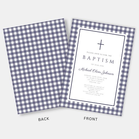Elegant Navy Blue Gingham Boy Baptism Kaart