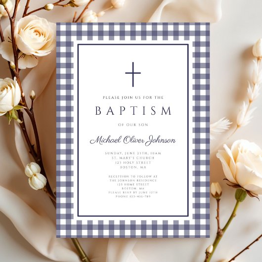 Elegant Navy Blue Gingham Boy Baptism Kaart