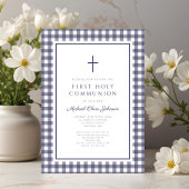 Elegant Navy Blue Gingham Boy First Communion Kaart