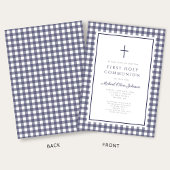Elegant Navy Blue Gingham Boy First Communion Kaart