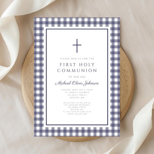 Elegant Navy Blue Gingham Boy First Communion Kaart