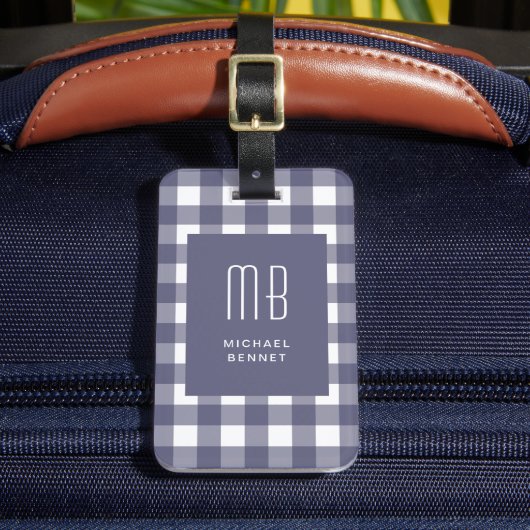 Elegant Navy Blue Gingham Monogram Bagagelabel (Voorkant Insitu 2)