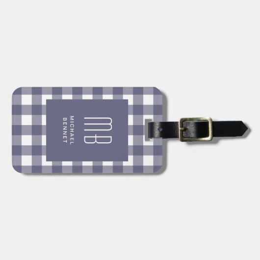 Elegant Navy Blue Gingham Monogram Bagagelabel (Voorkant horizontaal)