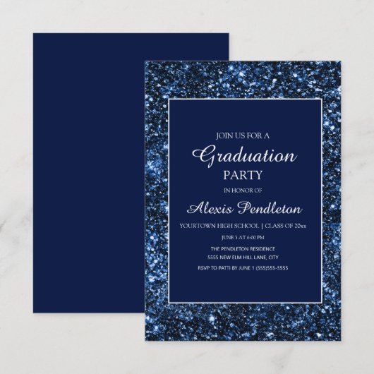 Elegant Navy Blue Glitter Afstuderen Kaart (Voorkant / Achterkant)