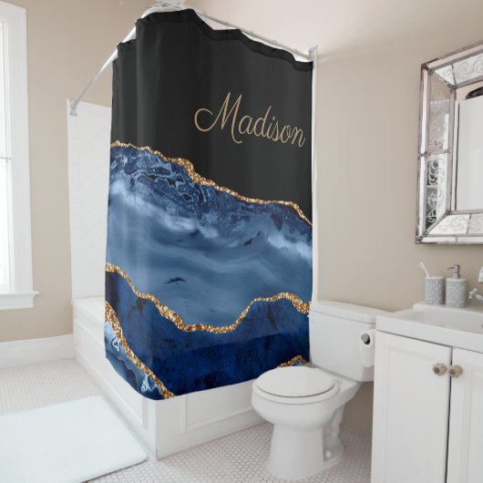 Elegant Navy Blue Glitter Marble Agate Showe Douchegordijn (In situ)