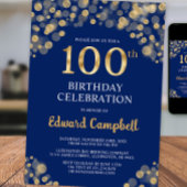 Elegant Navy Blue & Gold 100e verjaardag uitnodigi Kaart