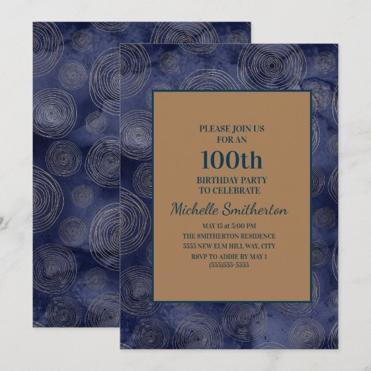 Elegant Navy Blue Gold 100th Birthday Kaart (Voorkant / Achterkant)