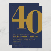 Elegant Navy Blue & Gold 40e verjaardag Kaart (Voorkant / Achterkant)