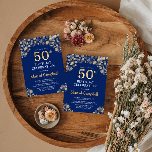 Elegant Navy Blue & Gold 50e verjaardag uitnodigin Kaart