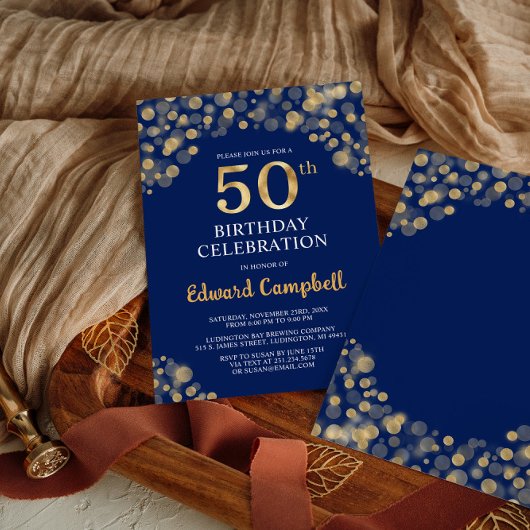Elegant Navy Blue & Gold 50e verjaardag uitnodigin Kaart