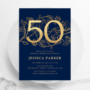 Elegant Navy Blue Gold 50th Birthday Kaart