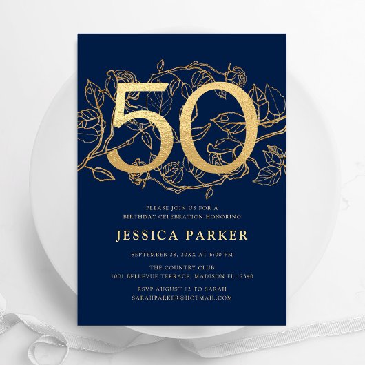 Elegant Navy Blue Gold 50th Birthday Kaart