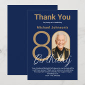 Elegant Navy Blue Gold 80th Birthday Bedankkaart (Voorkant / Achterkant)