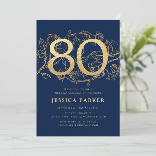 Elegant Navy Blue Gold 80th Birthday Kaart (Staand voorkant)