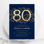 Elegant Navy Blue Gold 80th Birthday Kaart<br><div class="desc">Elegante marine blauw goud 80ste verjaardag feestuitnodiging.  modern vrouwelijk design met rozen botanische accenten en faux glitter gold. Eenvoudige bloemenuitnodigingskaart perfect voor een stijlvol vrouwen dagfeest. Personaliseer met je eigen gegevens. Gedrukte Zazzle-uitnodigingen of direct download digitale afdrukbare sjabloon.</div>