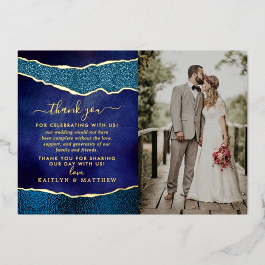 Elegant Navy Blue & Gold Agaat bruiloft dank u Folie Uitnodiging (Voorkant)