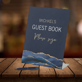 Elegant Navy Blue Gold Agaat Mannen Reclamebord Met Voetstuk