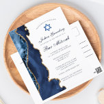 Elegant Navy Blue Gold Agate Bar Mitzvah Party Briefkaart<br><div class="desc">Elegant marineblauw en goudblauw versiert de kant van deze moderne balie-Mitzvah-ceremonie en de uitnodiging van het briefkaart van de partij. De naam van je zoon is geschreven in een mooi, formeel schrift onder de ster van David. Ideaal voor een chic, stijlvolle joodse familie die hun jongen viert die naar de...</div>