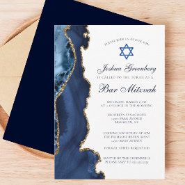 Elegant Navy Blue Gold Agate Bar Mitzvah Party Kaart