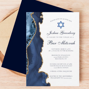 Elegant Navy Blue Gold Agate Bar Mitzvah Party Kaart
