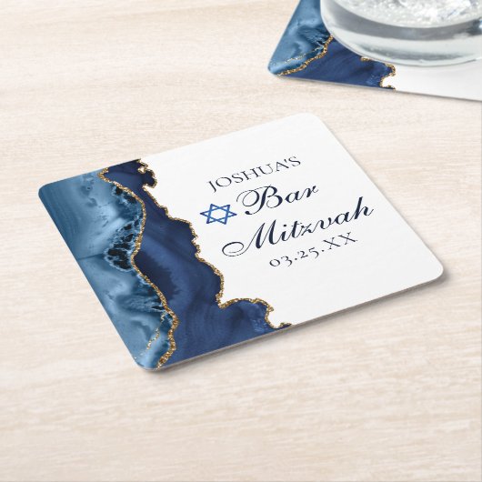 Elegant Navy Blue Gold Agate Bar Mitzvah Party Kartonnen Onderzetters (Schuin)