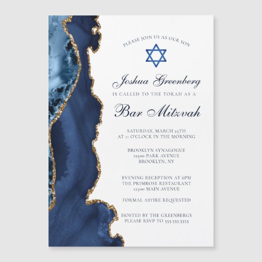 Elegant Navy Blue Gold Agate Bar Mitzvah Party Magnetische Uitnodiging (Voorkant)