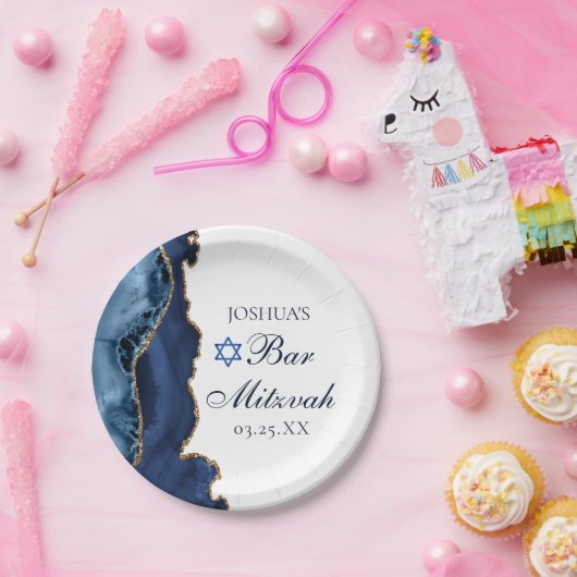 Elegant Navy Blue Gold Agate Bar Mitzvah Party Papieren Bordje (Feest)