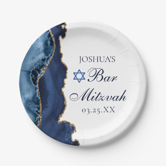 Elegant Navy Blue Gold Agate Bar Mitzvah Party Papieren Bordje (Voorkant)