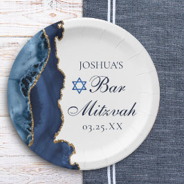 Elegant Navy Blue Gold Agate Bar Mitzvah Party Papieren Bordje