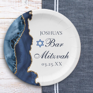 Elegant Navy Blue Gold Agate Bar Mitzvah Party Papieren Bordje