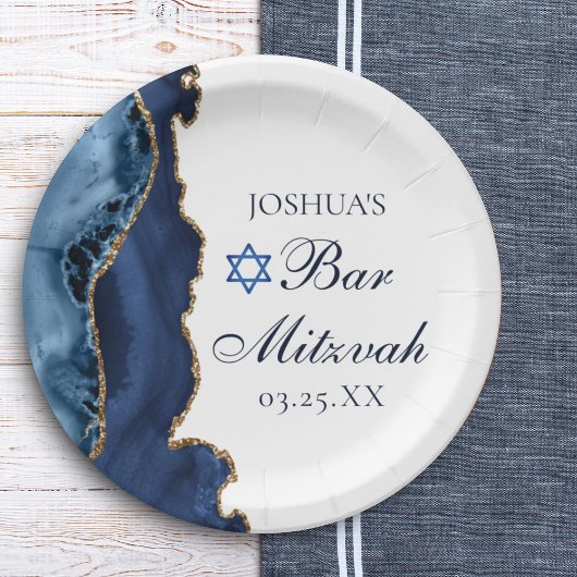 Elegant Navy Blue Gold Agate Bar Mitzvah Party Papieren Bordje