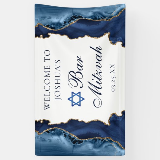 Elegant Navy Blue Gold Agate Bar Mitzvah Party Spandoek (Verticaal)