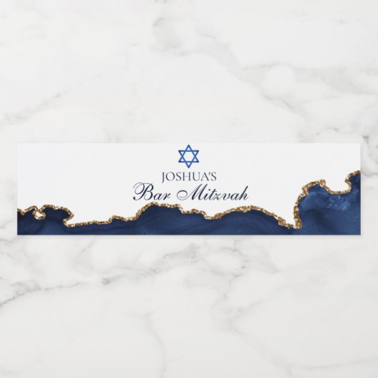 Elegant Navy Blue Gold Agate Bar Mitzvah Party Waterfles Etiket (Enkel label)