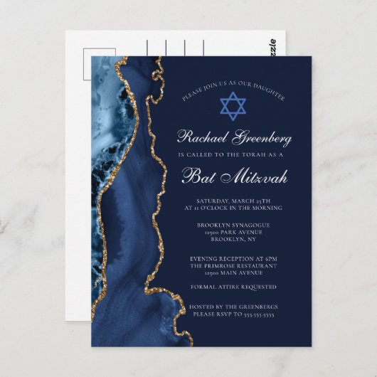 Elegant Navy Blue Gold Agate Bat Mitzvah Briefkaart (Voorkant / Achterkant)