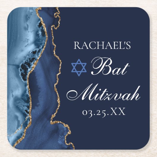 Elegant Navy Blue Gold Agate Bat Mitzvah Kartonnen Onderzetters (Voorkant)