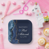 Elegant Navy Blue Gold Agate Bat Mitzvah Papieren Bordje (Feest)
