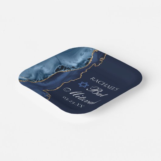 Elegant Navy Blue Gold Agate Bat Mitzvah Papieren Bordje (Gebogen)