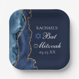 Elegant Navy Blue Gold Agate Bat Mitzvah Papieren Bordje