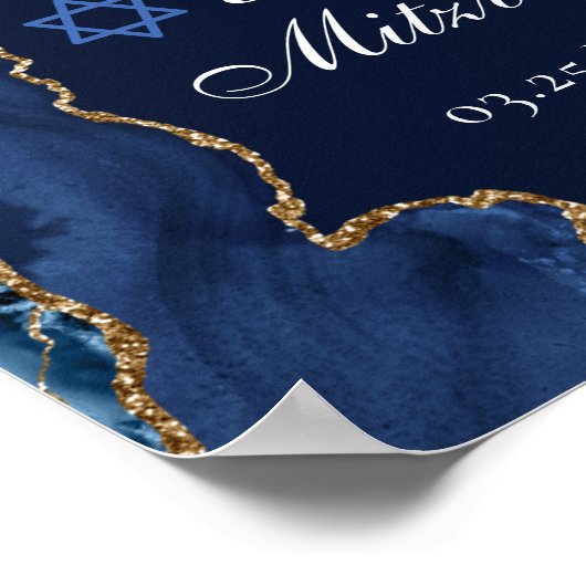 Elegant Navy Blue Gold Agate Bat Mitzvah Poster (Hoek)