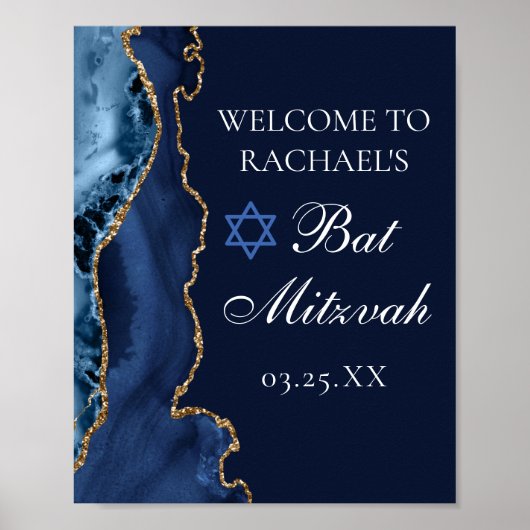 Elegant Navy Blue Gold Agate Bat Mitzvah Poster (Voorkant)