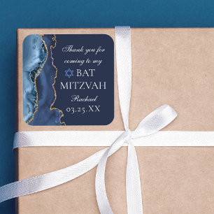 Elegant Navy Blue Gold Agate Bat Mitzvah Vierkante Sticker