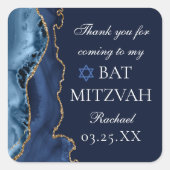 Elegant Navy Blue Gold Agate Bat Mitzvah Vierkante Sticker (Voorkant)