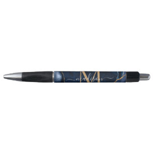 Elegant Navy Blue Gold Agate Geode Chic Monogram Pen