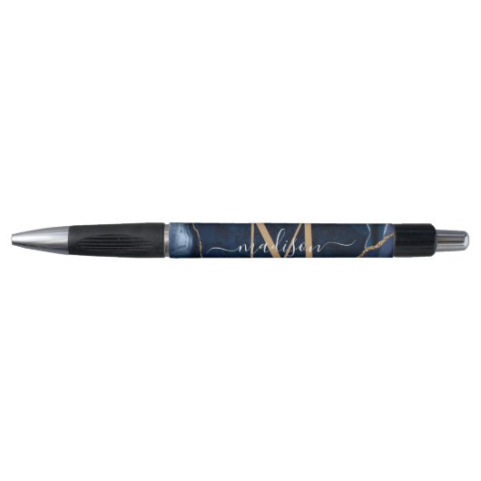 Elegant Navy Blue Gold Agate Geode Chic Monogram Pen (Voorkant)