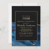 Elegant Navy Blue Gold Agate Marble 100th Birthday Kaart (Voorkant)