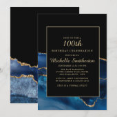 Elegant Navy Blue Gold Agate Marble 100th Birthday Kaart (Voorkant / Achterkant)